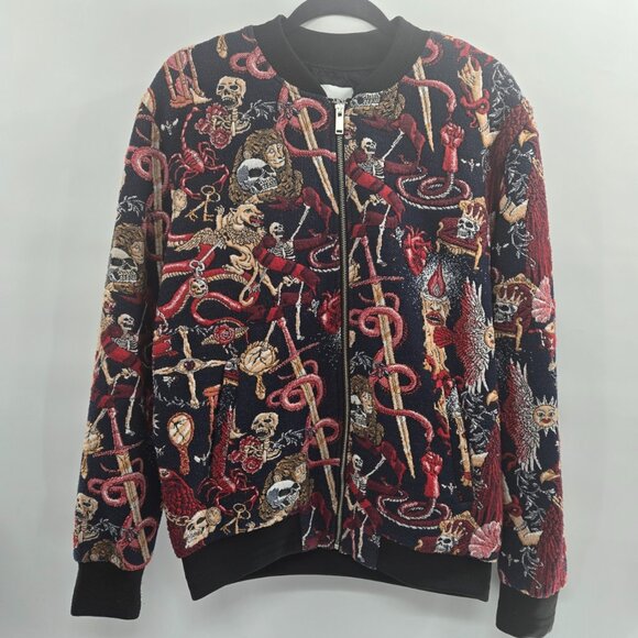 Zara Navy Blue Skeleton Embroidered Jacquard Bomber Jacket Size Large - Picture 1 of 15